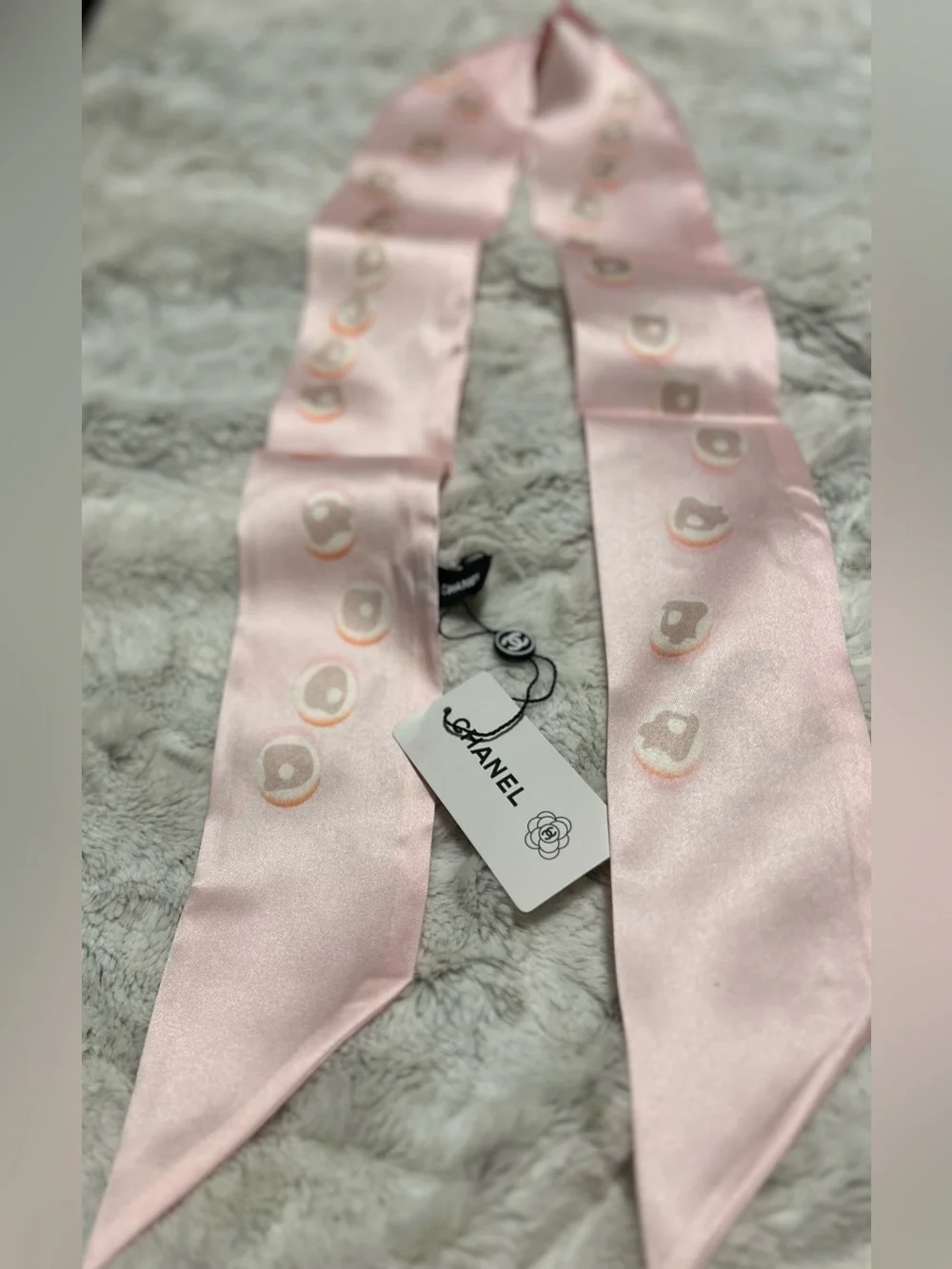 C Light Pink Silk Logo Twilly with Gold Motif